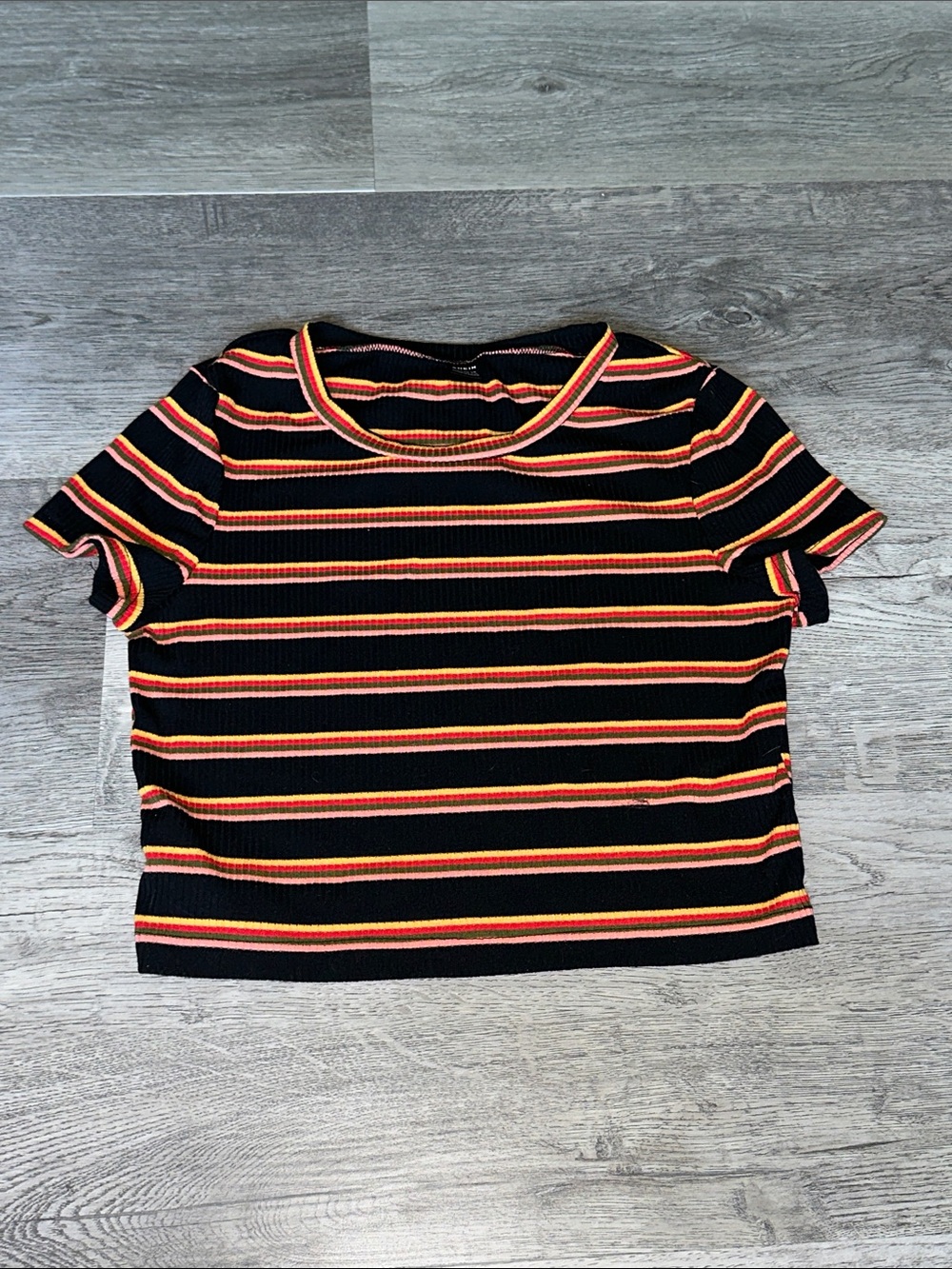 Black Striped Short Sleeve Ribbed Tee - Black with Red & Orange Stripes